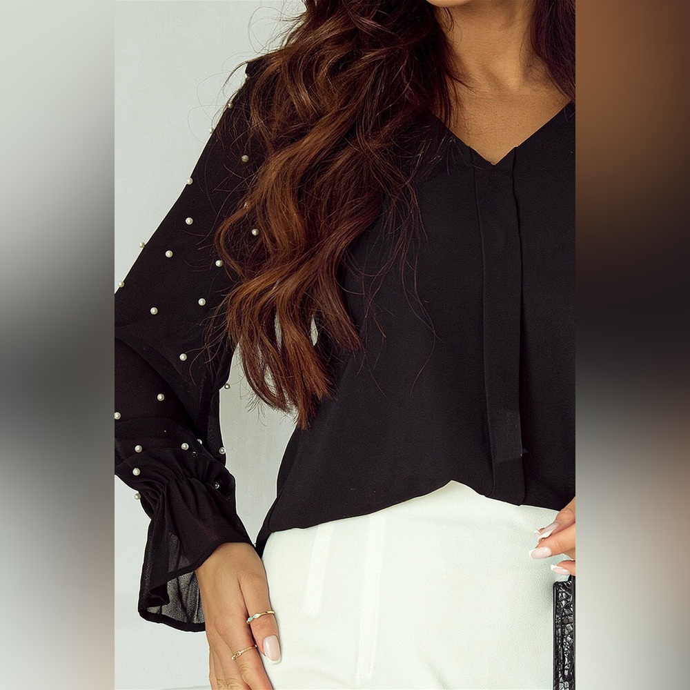 Black Pearl Mesh Flounce Sleeve V Neck Blouse - Picture 9 of 15